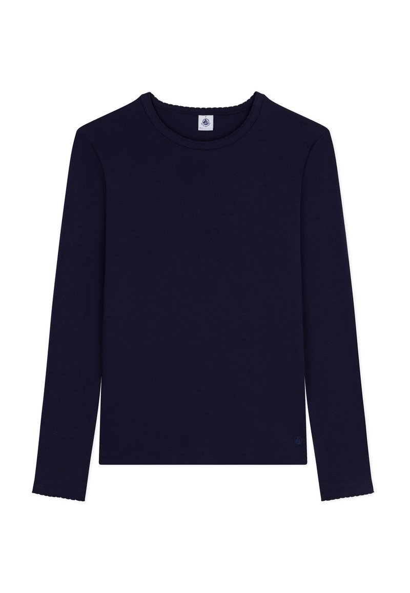 Langärmliges, navyblaues T-Shirt aus weicher Baumwolle mit rundem Ausschnitt und gewellten Bündchen für ein dezentes Texturdetail.