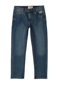 Jeans in denim blu con taglio dritto, caratterizzati da cinque tasche, cuciture visibili e un'etichetta con il logo del marchio sulla vita posteriore.