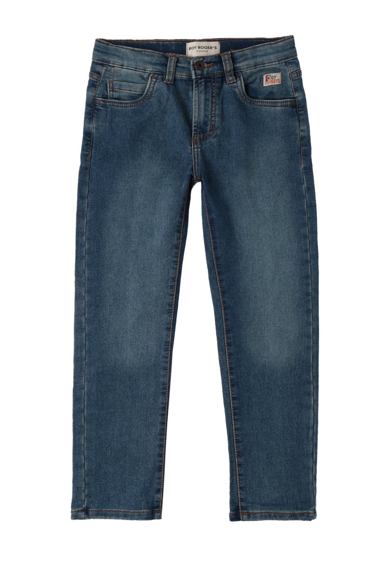 Jeans in denim blu con taglio dritto, caratterizzati da cinque tasche, cuciture visibili e un'etichetta con il logo del marchio sulla vita posteriore.