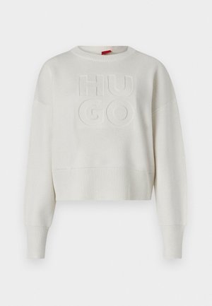Cream cropped sweatshirt featuring a textured knit design, ribbed cuffs and hem, with embossed "HUGO" logo in the center.