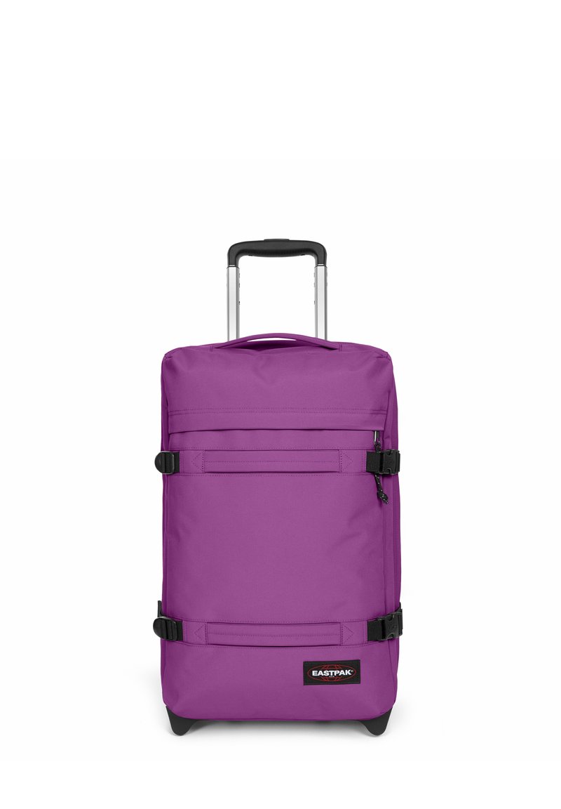 Purple wheeled suitcase with a durable fabric exterior, retractable handle, front buckles, and a flat base for stability.