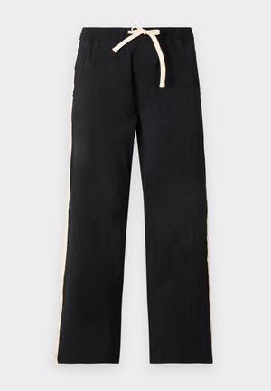 Black trousers with a relaxed fit, featuring a textured surface, cream drawstring, and side stripes in a contrasting color.