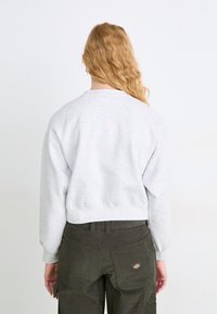 Sudadera gris cortada con mangas largas y dobladillo acanalado, combinada con pantalones cargo verdes oscuros que presentan costuras visibles y detalle de logotipo.