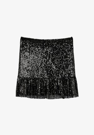 Schwarzer Pailletten-Minirock mit gerüschtem Saum, mit glatter Textur und schimmernden Pailletten, die in einem Farbverlauf angeordnet sind.