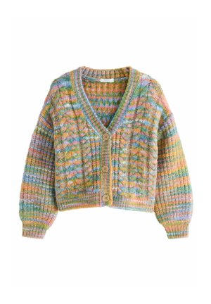 Kuscheliger, kürzer geschnittener Cardigan aus Grobstrick mit einem mehrfarbigen Streifenmuster, langen Ärmeln, V-Ausschnitt und drei Holzknöpfen auf der Vorderseite.