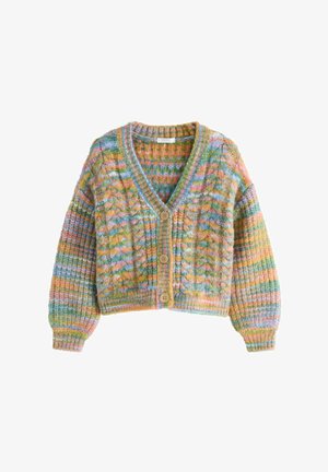 Cardigan corto a maglia grossa con motivo a righe multicolore, maniche lunghe, scollo a V e tre bottoni di legno sul davanti.