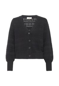 Černý pletený cardigan s výstřihem do V, krátkou délkou, zdobený texturovanými vzory, se šesti předními knoflíky a žebrovanými manžetami a lemem.