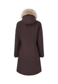 Bruine jas met een nep bont capuchon, lange mouwen en een middellange stijl. Gladde textuur met een iets aangesloten taille en een uitlopende zoom.