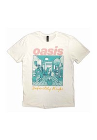 White cotton t-shirt featuring a teal graphic design of a room scene with people, and the text "oasis" in pink and "Definitely Maybe" in yellow.