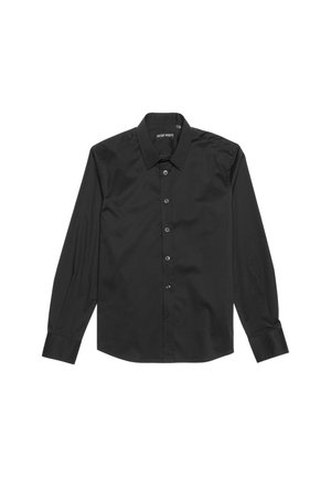 Camicia nera a maniche lunghe in cotone, con colletto a punta, bottoni frontali e polsini abbottonati, caratterizzata da una texture liscia e raffinata.