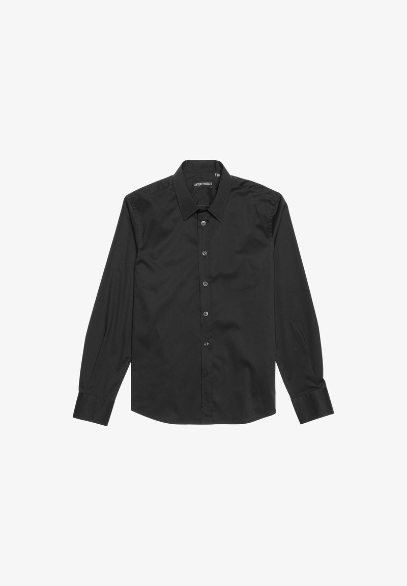 Camicia nera a maniche lunghe in cotone, con colletto a punta, bottoni frontali e polsini abbottonati, caratterizzata da una texture liscia e raffinata.