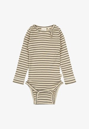 Pitkähihrinen bodysuit, jossa on ribbetty pinta, vaakasuorat beigen ja harmaan raidat, pyöreä pääntie ja napitus alaosassa.