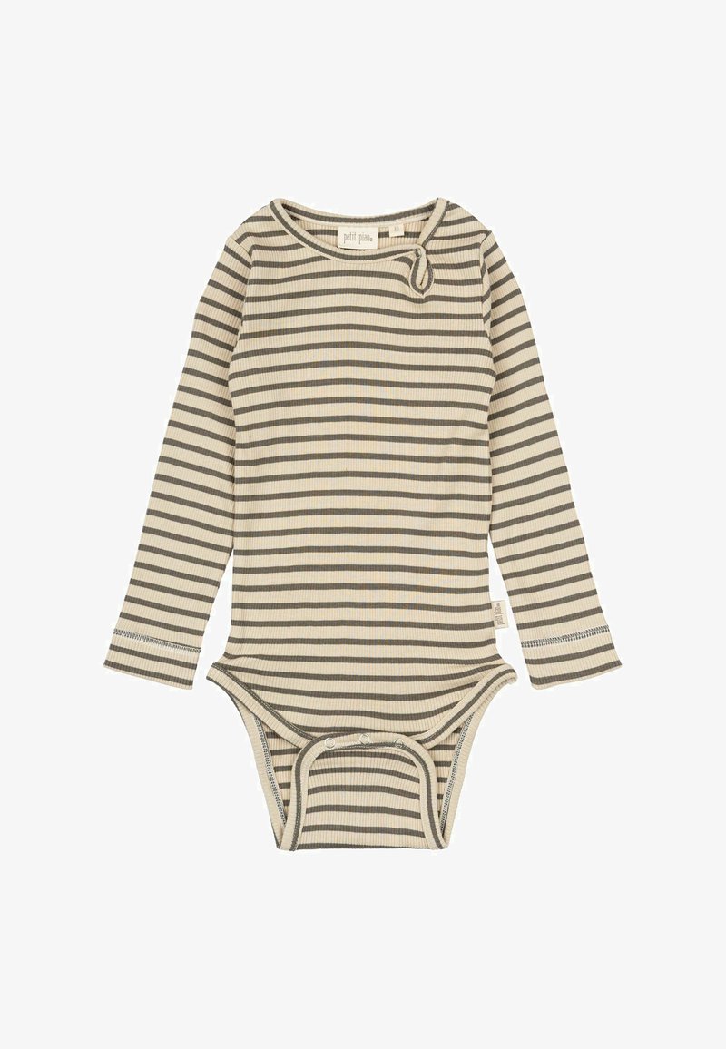 Bodysuit z dolgimi rokavi z rebrasto teksturo, z vodoravnimi bež in sivo črtami, okroglo izrezom in zaklopkami na dnu.