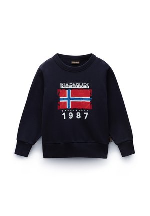 Sweatshirt marine avec un grand graphique du drapeau norvégien et le texte "NAPAPIJRI geographic 1987". Fabriqué en tissu doux avec des poignets côtelés.