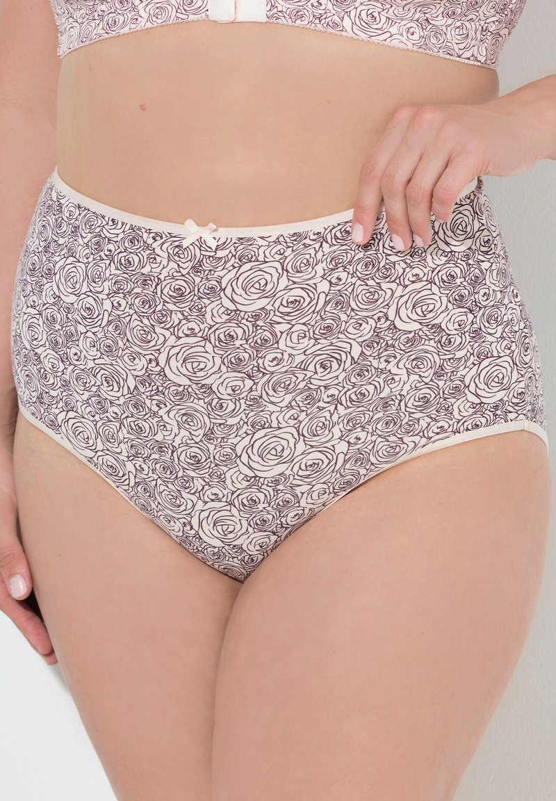 Kalhotky vysokého pasu s růžovým potiskem v béžové a hnědé barvě, s jemnou mašlí na pase a měkkou texturou látky.