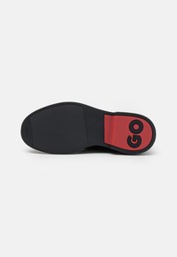 Semelle d'une chaussure habillée noire avec grip texturé, zone du talon rouge comportant le mot "GO" et le nom de la marque "HUGO" embossé près des orteils.