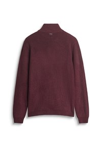 Maglione bordeaux a maglia con collo alto, texture a coste e maniche lunghe. Presenta un piccolo etichetta del marchio sul retro del collo.