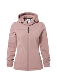 Pink softshell jacket with a hood, featuring a full front zipper, two side pockets, and adjustable drawstrings at the neck. Smooth texture.