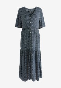 Laivastonsininen mekko, jossa on valkoisia pilkkuja, lyhyet hihat, V-pääntie, nappikiinnitys ja kerroksellinen helma, joka luo ilmavan siluetin.