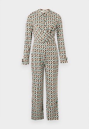 Jumpsuit met lange mouwen, voorkant met knopen, geometrisch patroon in bruin, turquoise en wit met cirkels, wikkeldetail in de taille en wijde broekspijpen.