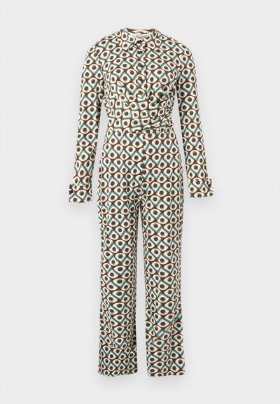 Φόρμα με μακριά μανίκια, μπροστινό κούμπωμα με κουμπιά, γεωμετρικό σχέδιο με καφέ, πετρόλ και λευκούς κύκλους, λεπτομέρεια τύλιγματος στη μέση και παντελόνι με φαρδιά μπατζάκια.