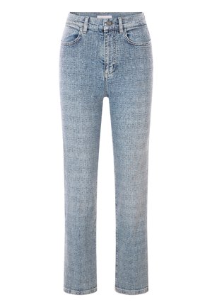 Lichtblauwe denimjeans met een recht pijpdesign, klassieke vijfzakkenstijl en een subtiel textuurpatroon door de stof.