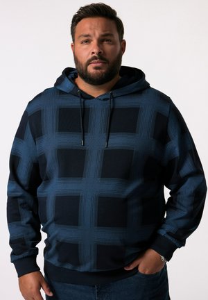 Marineblauwe hoodie met een groot, gestructureerd ruitpatroon. Voorzien van een trekkoord capuchon en geribde manchetten, gemaakt van een zachte, rekbare stof.