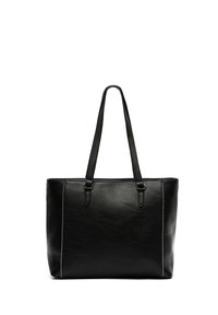 Black leather tote bag with two shoulder straps, rectangular shape, and decorative stitching along one side. Textured finish.