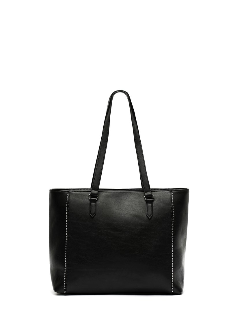 Black leather tote bag with two shoulder straps, rectangular shape, and decorative stitching along one side. Textured finish.