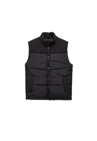 Sort dunvest med høj krave, lynlås foran og to sidelommer. Har syninger i paneler for tekstur og isolering.