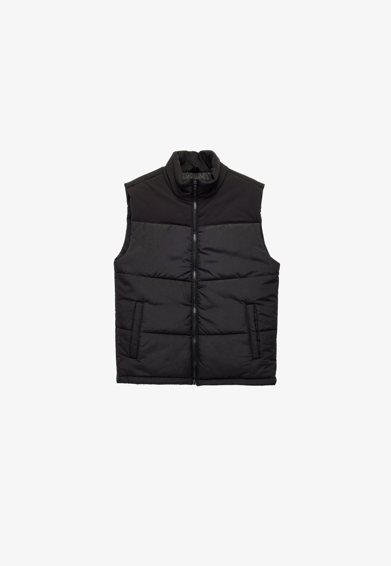 Sort dunvest med høj krave, lynlås foran og to sidelommer. Har syninger i paneler for tekstur og isolering.