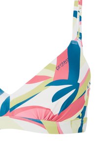 Haut de bikini coloré avec un motif géométrique rose, vert et bleu. Fabriqué en tissu doux avec des bretelles réglables et des détails froncés.
