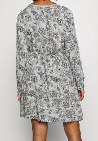 Robe à motif floral en vert menthe clair, avec des manches longues, une taille cintrée et une jupe fluides avec des accents marron et blanc.