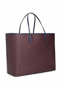 Borsa a tote con motivo rosso e blu, realizzata in materiale testurizzato, dotata di manici doppi e forma strutturata. Presenta cuciture rinforzate e hardware dorato.