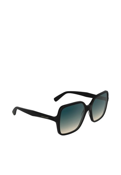 Lunettes de soleil rectangulaires noires avec des verres à dégradé allant du foncé au clair. Monture en plastique noir élégante avec un logo sur la branche.