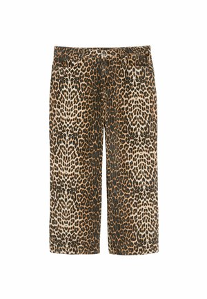 Pantalons larges en imprimé léopard en beige et marron, avec poches et fermeture à bouton. Fabriqués en tissu texturé.