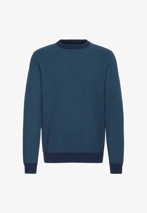 Knitted crewneck sweater in dark teal, featuring textured fabric, ribbed cuffs, and hem. Classic fit, suitable for layering.