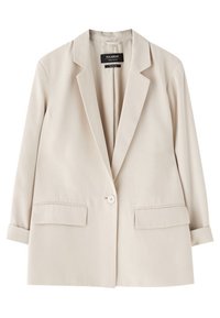 Blazer beige clair avec revers crantés, fermeture à un bouton et deux poches avant. Confectionné dans un tissu lisse avec manches retroussées.
