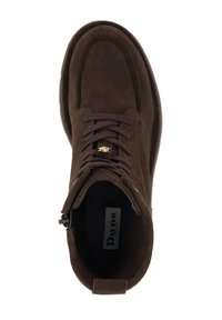 Brown suede ankle boot with lace closure, metal accent, textured upper, and side zip for easy access. Interior features brand label.