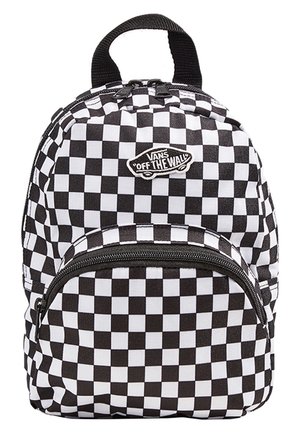Lille sort-hvid ternet rygsæk med frontlomme med lynlås og Vans "Off The Wall" logo-patch.