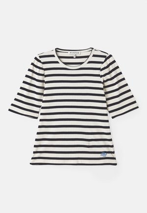 Striped t-shirt in cream and navy blue, featuring short sleeves, ribbed texture, round neckline, and a small blue logo detail near the hem.