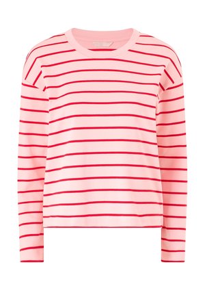 Dame langærmet pink top med røde vandrette striber og rund halsudskæring, vist forfra på hvid baggrund.
