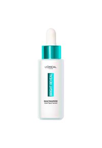 Sérum anti-taches à la niacinamide de L'Oréal Paris dans un flacon en verre dépoli avec un capuchon turquoise, doté d'un compte-gouttes blanc et d'un texte bleu sur l'étiquette.