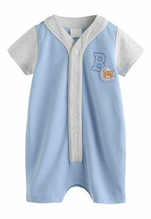 Vaaleansininen lyhythihainen haalari harmailla yksityiskohdilla, nepparit ja etupuolella karhupaikka, jossa on tekstiä. Puuvillamateriaalia.