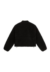 Μαύρο fleece μπουφάν με μακριά μανίκια, ψηλό γιακά και ρυθμιζόμενο τελείωμα, εμφανίζεται από πίσω σε λευκό φόντο.