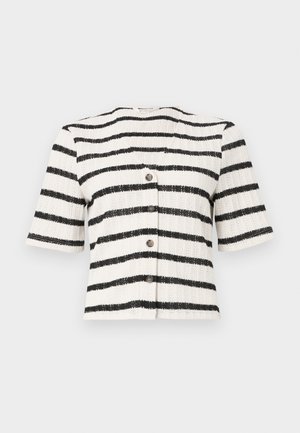 Cardigan z krótkim rękawem, zapinany na guziki, wykonany z fakturowanego dzianiny w czarno-białe poziome paski. Posiada pięć ciemnych guzików z przodu.