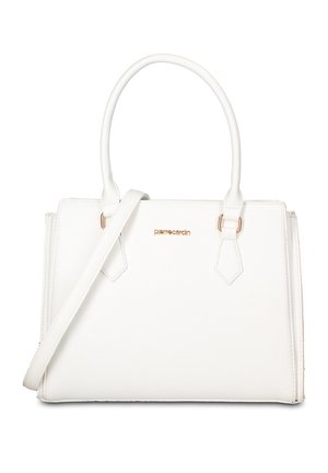 Witte rechthoekige handtas met dubbele handvatten en een afneembare schouderriem, met een subtiel gouden merklogo aan de voorkant.