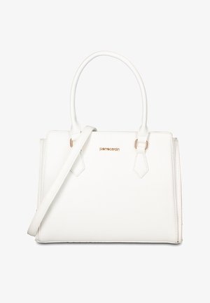 Borsa rettangolare bianca con doppi manici e tracolla staccabile, con un logo del marchio dorato e discreto davanti.