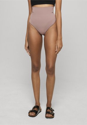 Høyt liv bikini-bunn i støvet rosa, laget av glatt stoff. Har et tettsittende design med buede benåpninger og sømløse kanter.