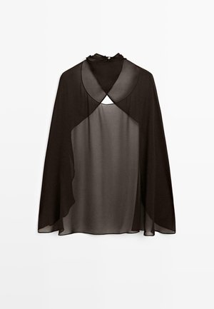 Schwarze transparente Langarmbluse mit hohem Kragen und überkreuztem Detail auf der Brust, halbtransparentem Stoff, lockerem Schnitt und Knopfverschluss hinten.